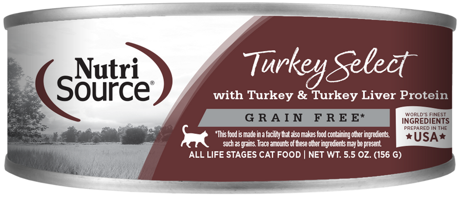 NutriSource Grain Free Turkey & Turkey Liver Select Canned Cat Food front of can.
