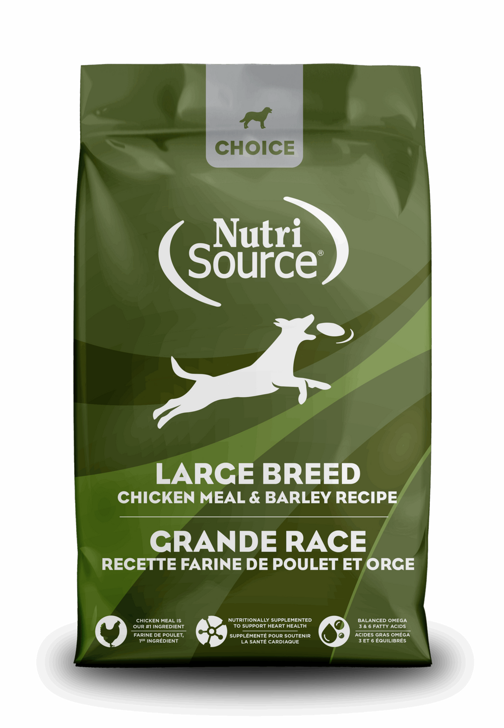 NutriSource Large Breed Chicken Meal & Barley Recipe front of bag.