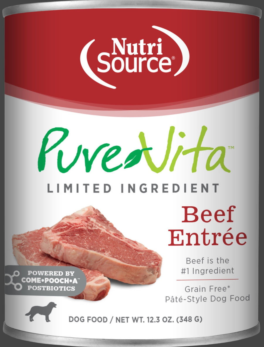 NutriSource PureVita Grain Free TetraPak Beef Entree Wet Dog Food front of can
