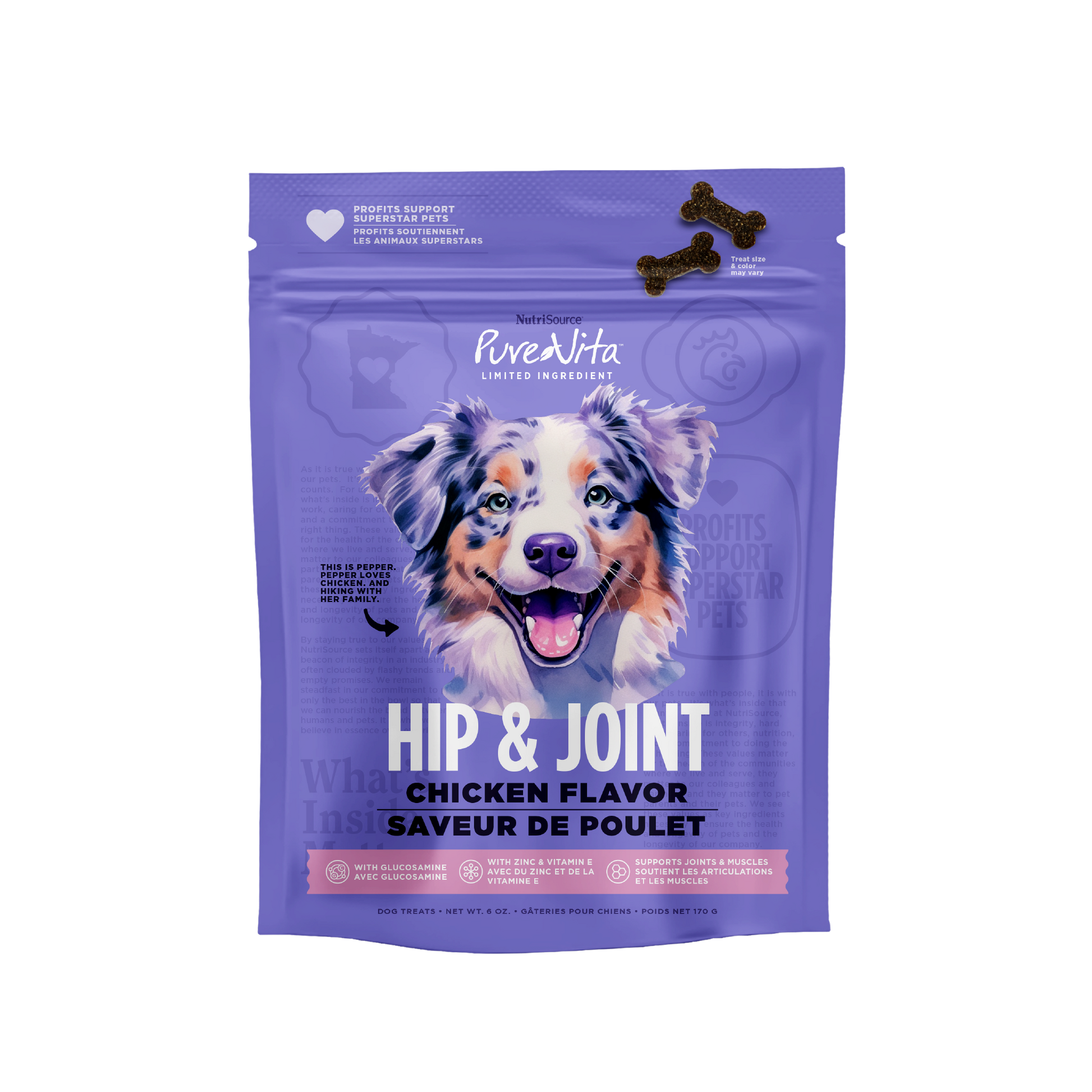 A purple stand-up pouch of PuraVita Hip & Joint Chicken Flavor dog treats, featuring a smiling Australian Shepherd illustration on the front and two dark brown bone-shaped treats shown near the top right.