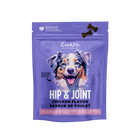 A purple stand-up pouch of PuraVita Hip & Joint Chicken Flavor dog treats, featuring a smiling Australian Shepherd illustration on the front and two dark brown bone-shaped treats shown near the top right.