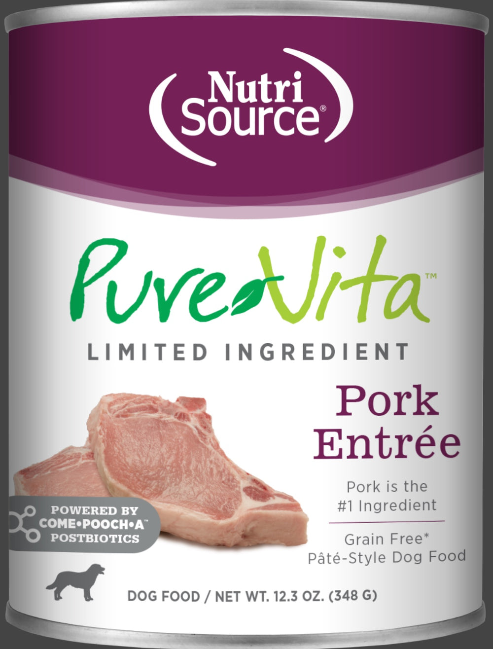 NutriSource PureVita Pork Entree Grain Inclusive Wet Dog Food front of can. 