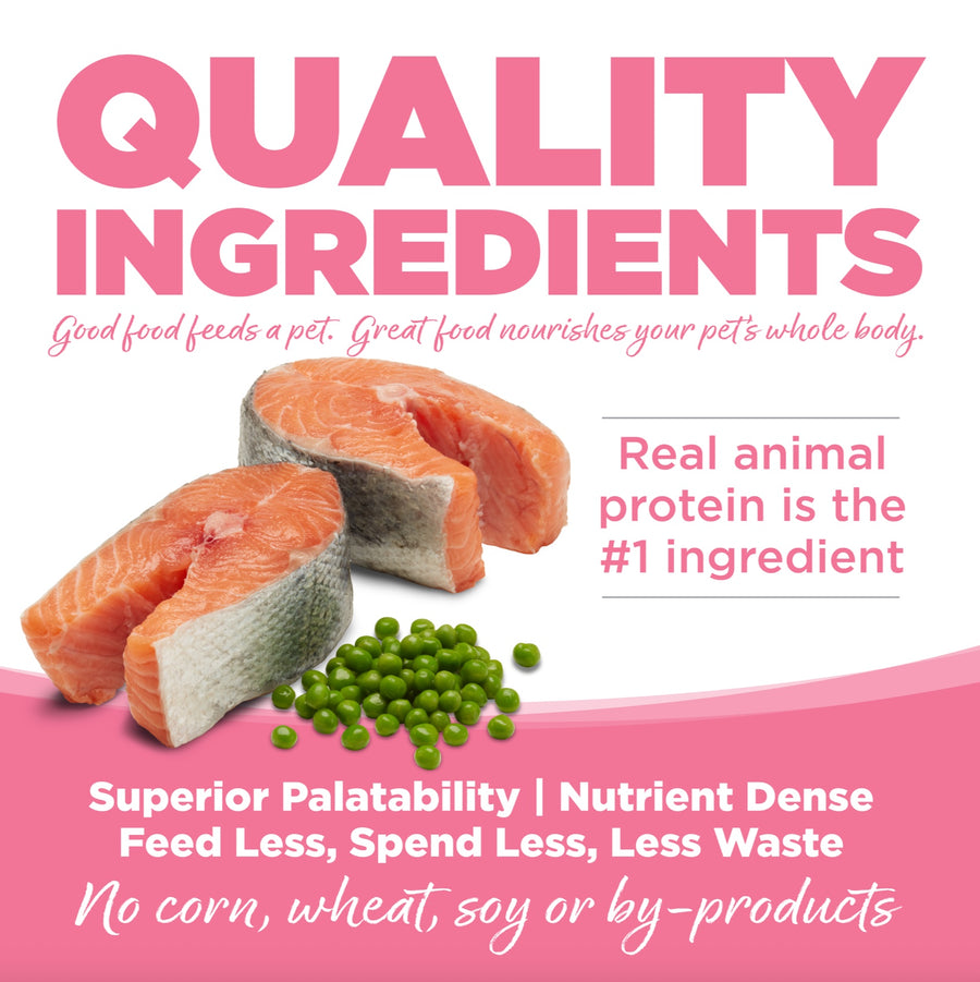 Quality Ingredients. Superior palatability, nutrient dense, feed less, spend less, less waste. No corn, wheat, soy or by-products.