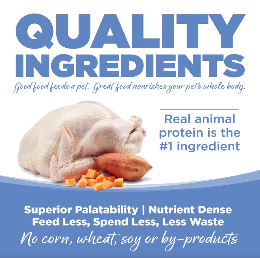 Quality Ingredients. Superior palatability, nutrient dense, feed less, spend less, less waste. No corn, wheat, soy or by-products.