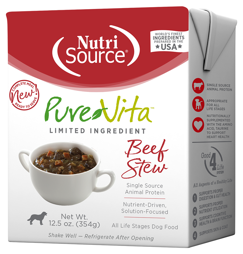 NutriSource PureVita TetraPak Beef Stew Wet Dog Food front of box.