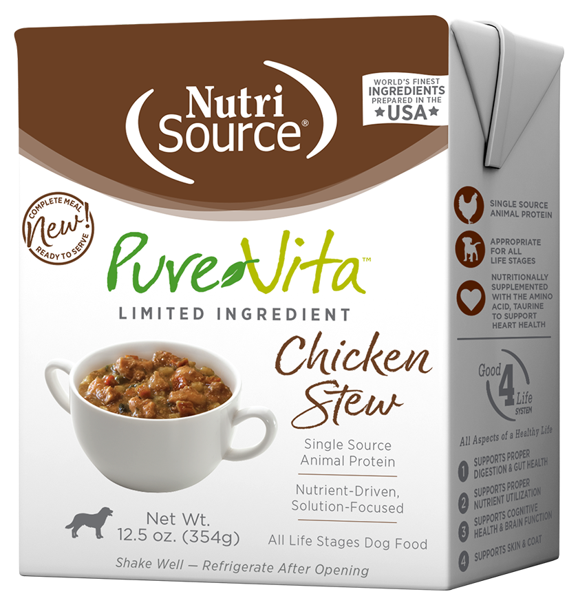 NutriSource PureVita TetraPak Chicken Stew front of box.