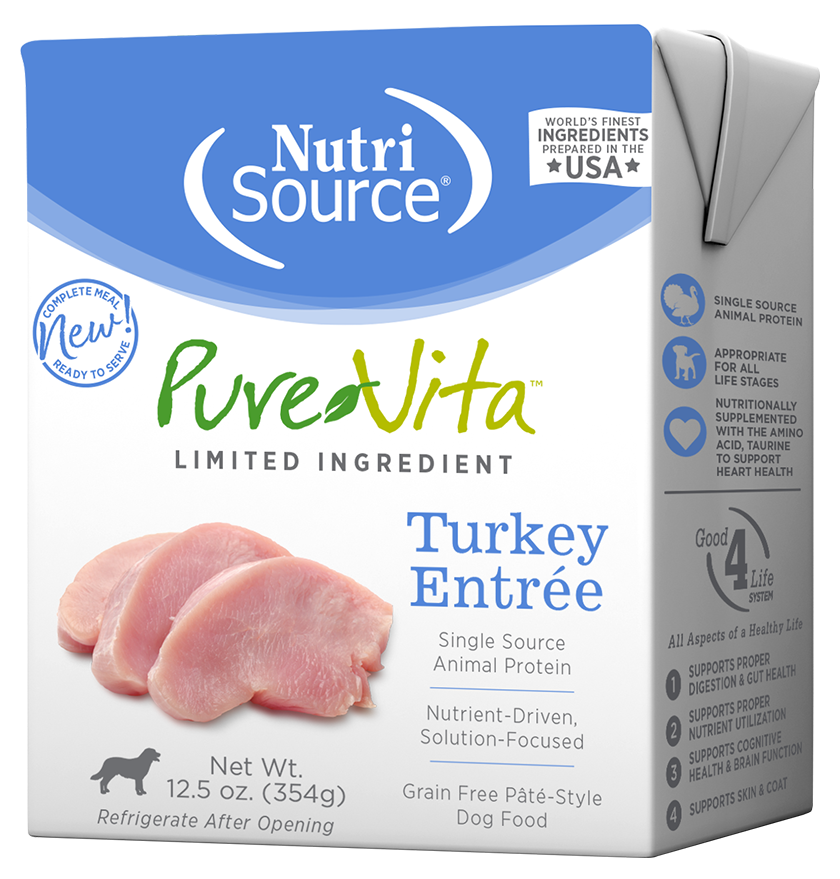 NutriSource PureVita TetraPak Turkey Entree Wet Dog Food front of box.