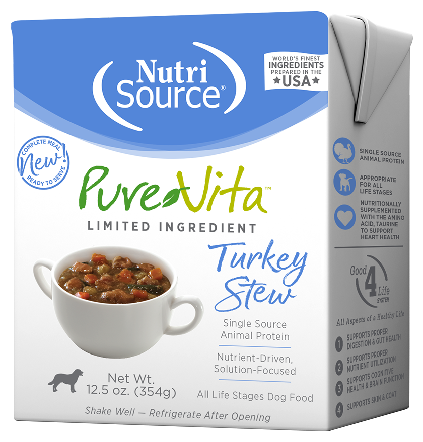 NutriSource PureVita TetraPak Turkey Entree Wet Dog Food front of box.