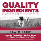 Quality Ingredients. Superior palatability, nutrient dense, feed less, spend less, less waste. 

