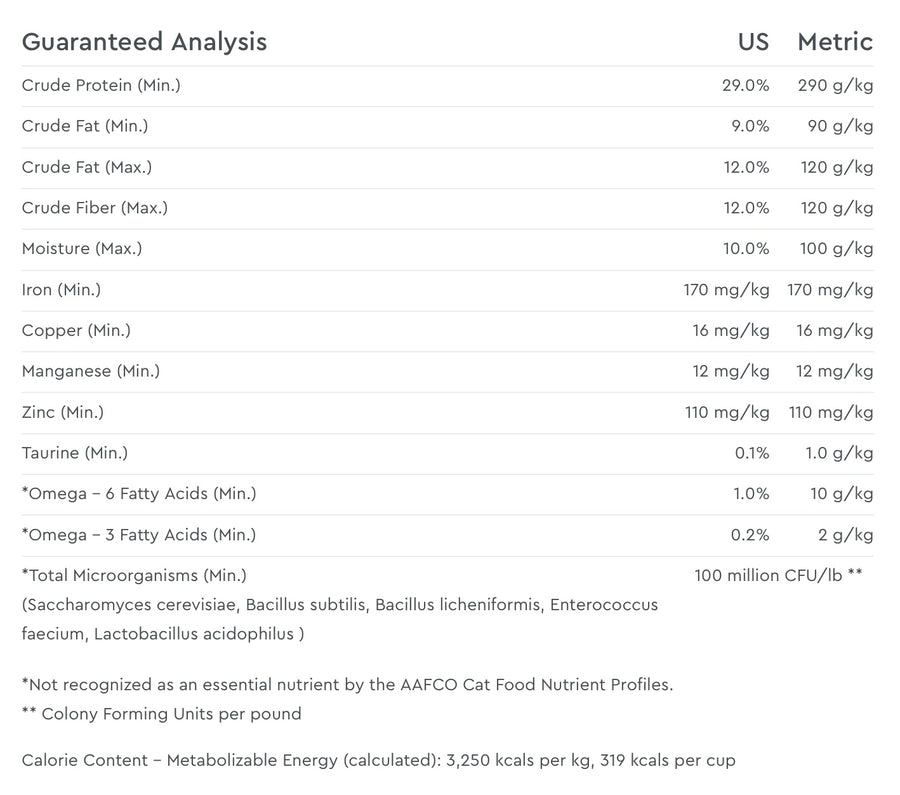 Guaranteed Analysis for NutriSource Senior Weight Management Chicken and Rice Dry Cat Food.