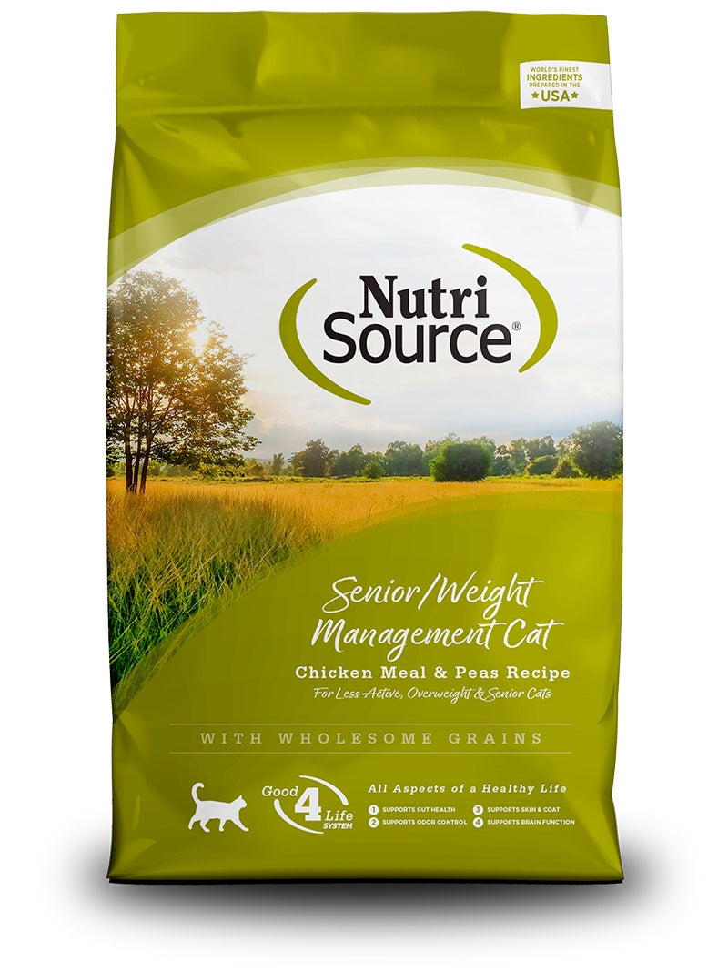 NutriSource Senior Weight Management Chicken and Rice Dry Cat Food front of bag.