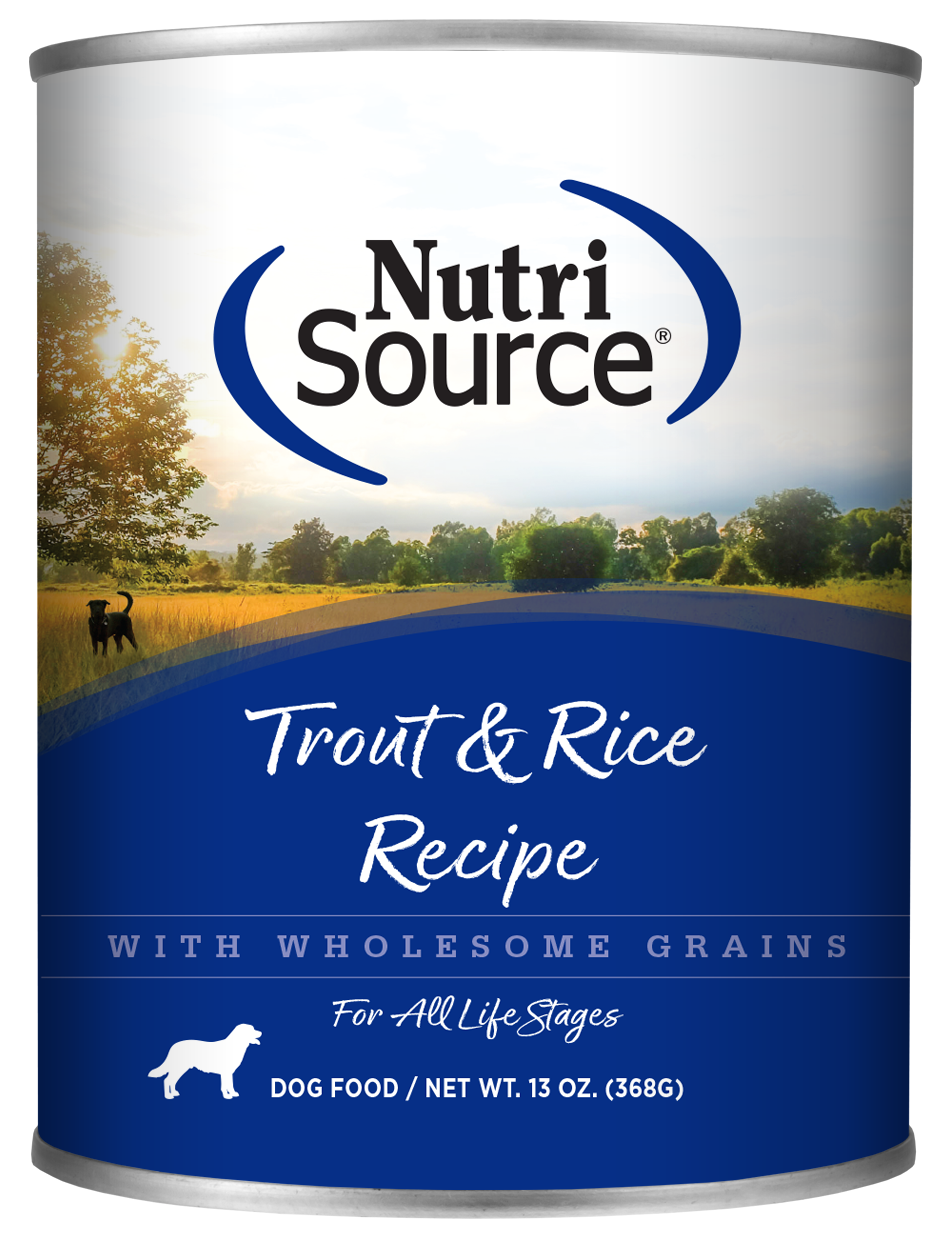 NutriSource Trout & Rice Recipe front of can.