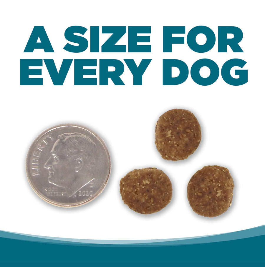 A size for every dog. Kibble approximately 2/3rds size of a dime.
