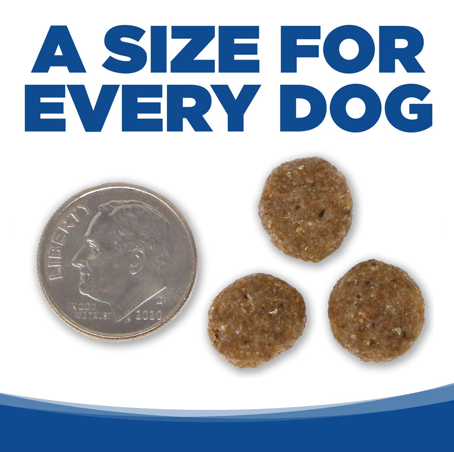 A size for every dog. Kibble approximately 2/3rds size of a dime.
