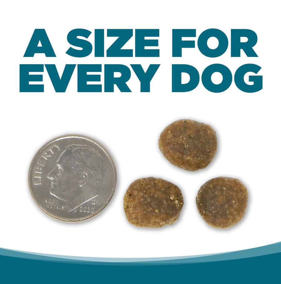 A size for every dog. Kibble approximately 2/3rds size of a dime.