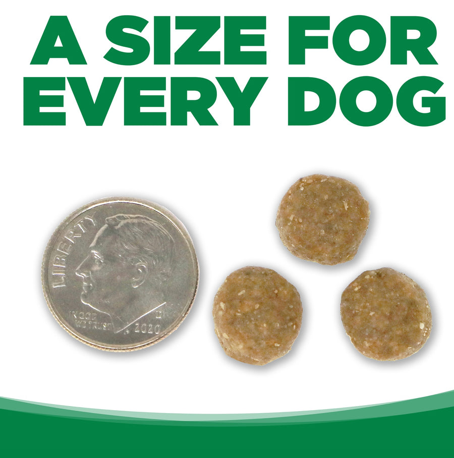A size for every dog. Kibble approximately 2/3rds size of a dime.
