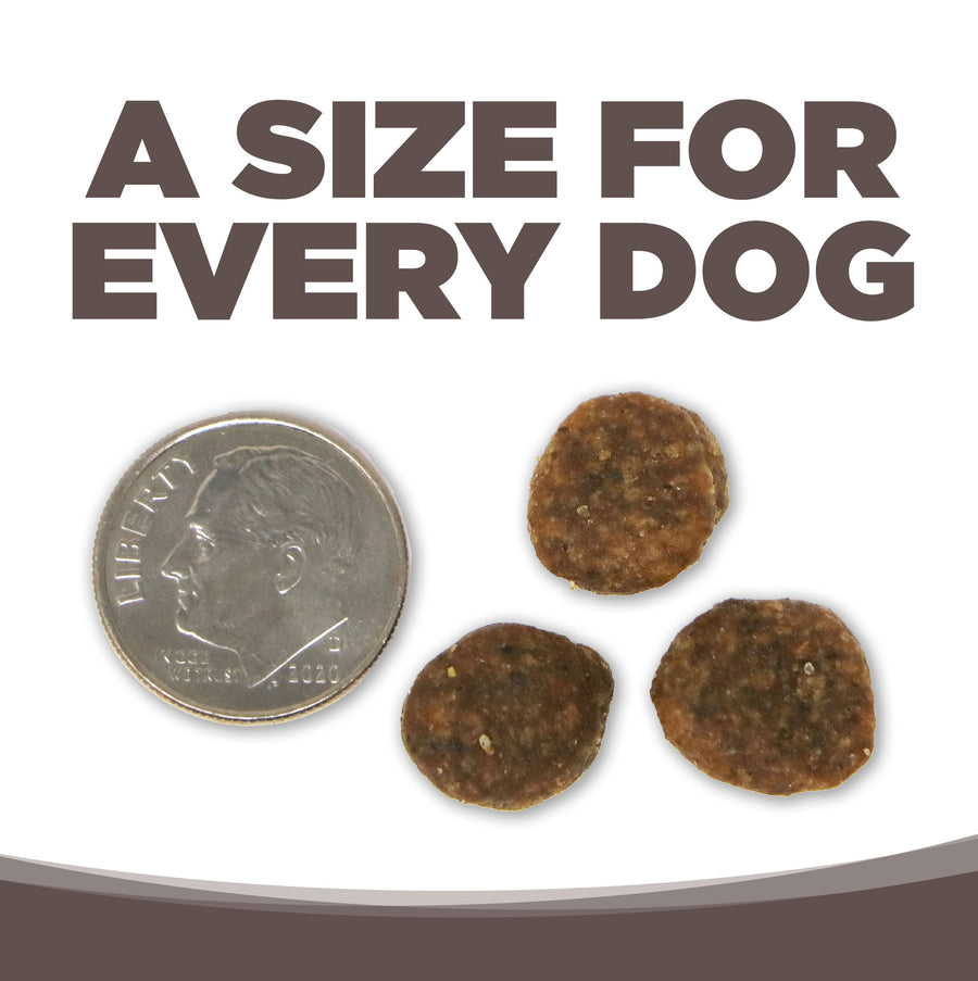 A size for every dog. Kibble approximately 2/3rds size of a dime.