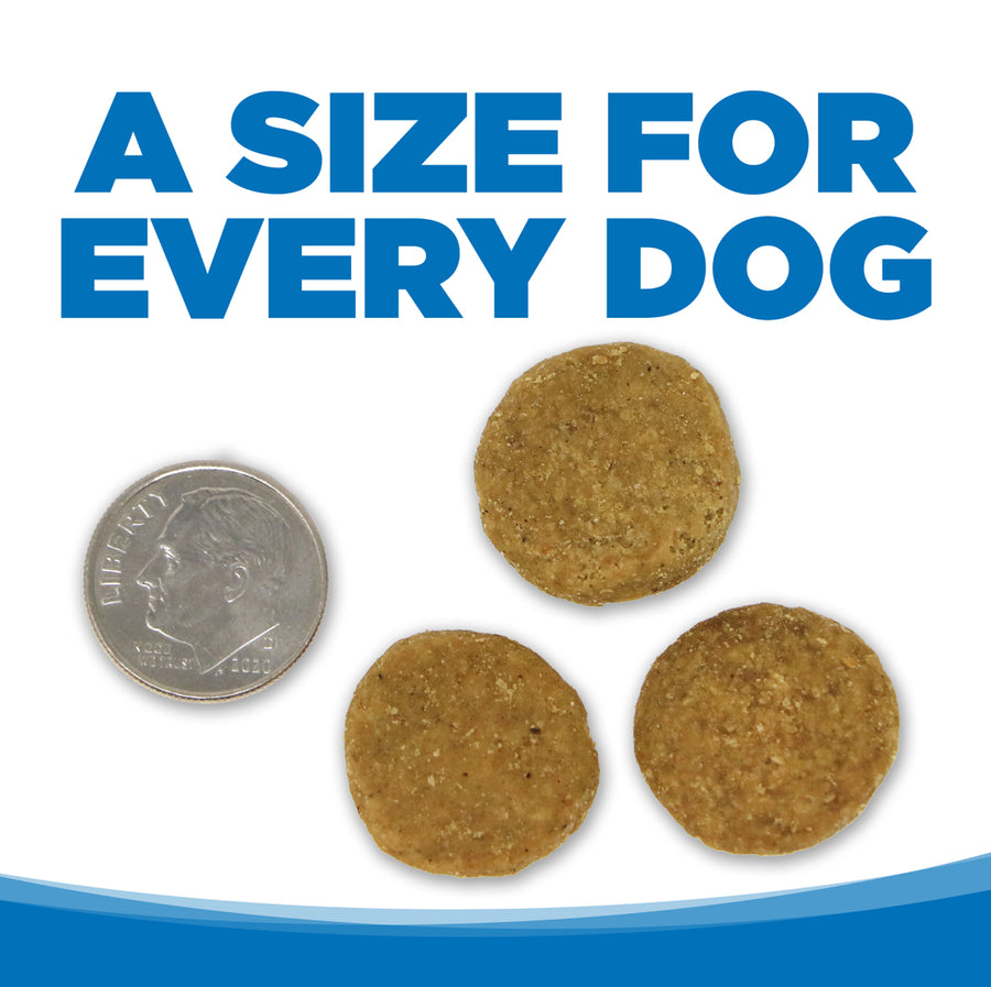 A size for every dog. Kibble approximately 2/3rds size of a dime.