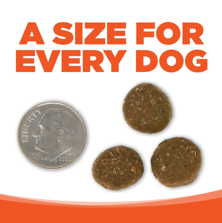 A size for every dog. Kibble approximately 2/3rds size of a dime.