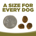 A size for every dog. Kibble approximately 2/3rds size of a dime.