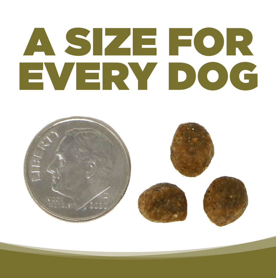 A size for every dog. Kibble approximately 2/3rds size of a dime.