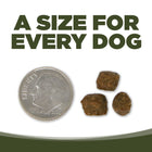 A size for every dog. Kibble approximately 2/3rds size of a dime.