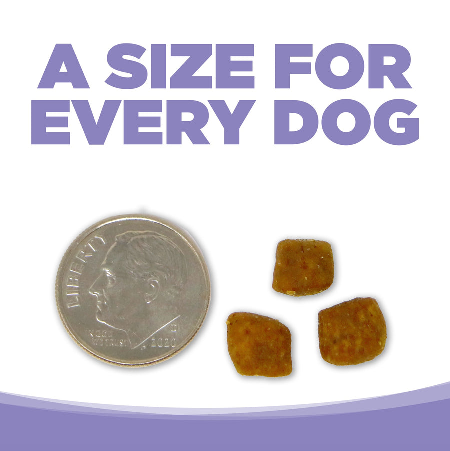 A size for every dog. Kibble approximately 2/3rds size of a dime.
