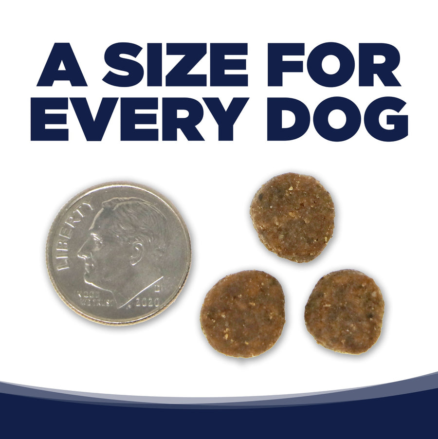 A size for every dog. Kibble approximately 2/3rds size of a dime.