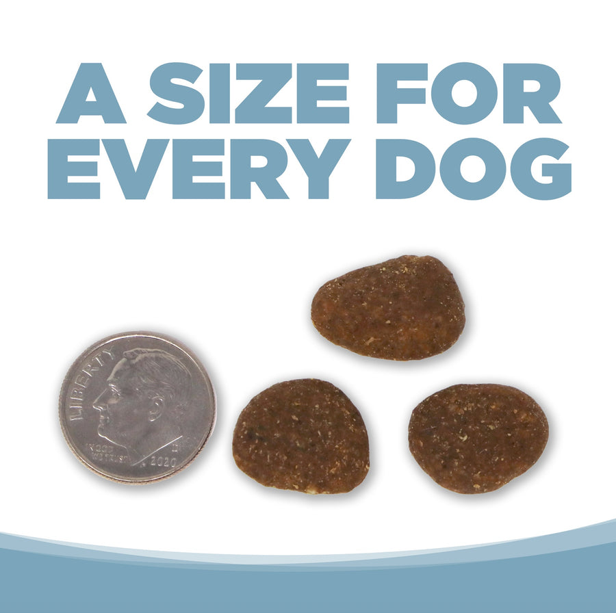 A size for every dog. Kibble approximately 2/3rds size of a dime.