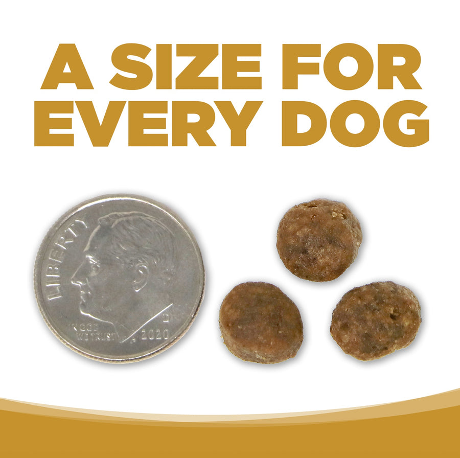 A size for every dog. Kibble approximately 2/3rds size of a dime.