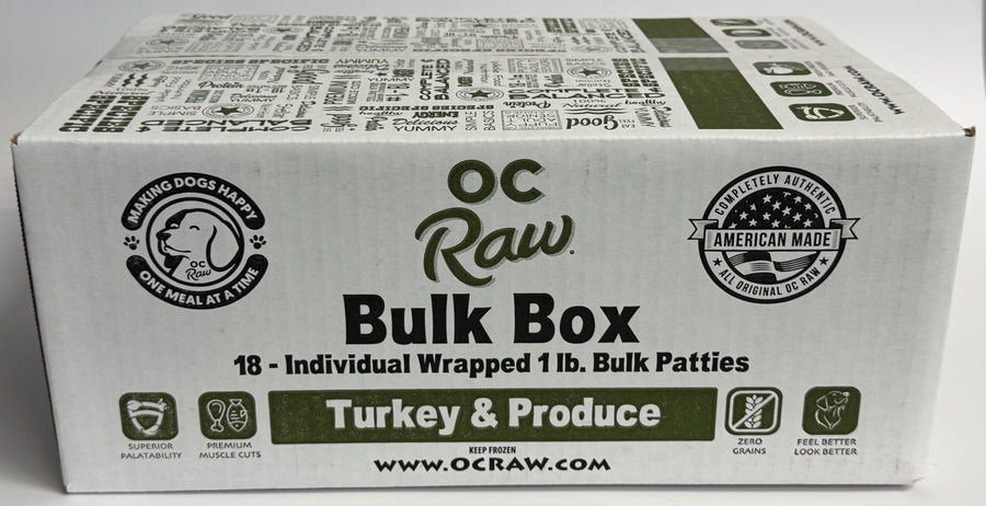 Side Packaging of OC Raw Turkey & Produce Frozen Raw Dog Bulk Box