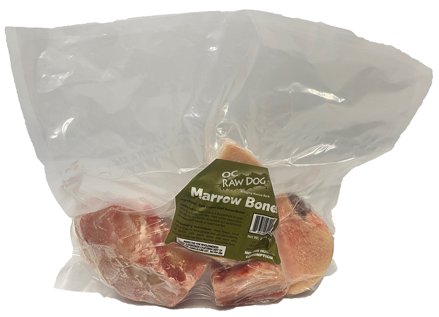 Bag of raw dog marrow bones with a visible label on a white background