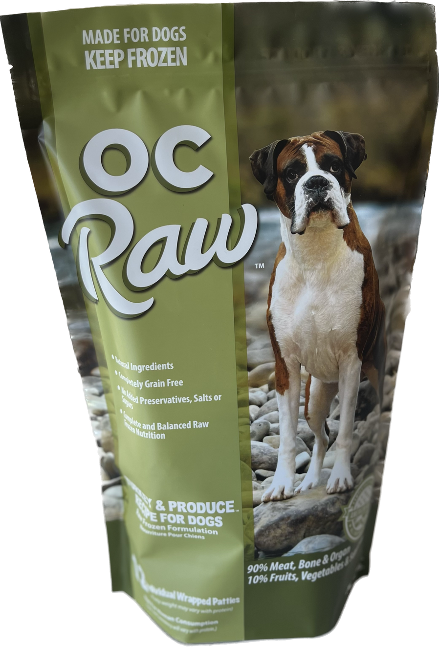 Front Packaging of OC Raw Turkey & Produce Frozen Raw Dog Food