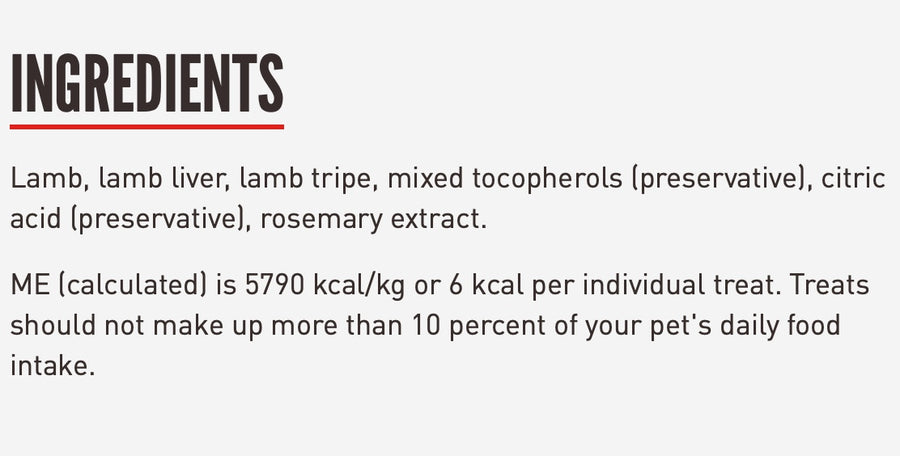 Ingredients for ORIJEN Freeze Dried Grass Fed Lamb Dog Treats.