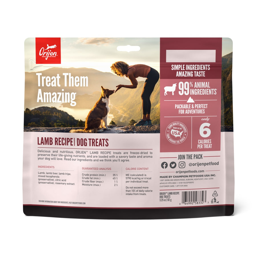 ORIJEN Freeze Dried Grass Fed Lamb Dog Treats back of bag.