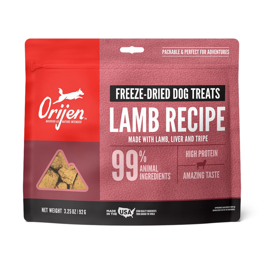 ORIJEN Freeze Dried Grass Fed Lamb Dog Treats front of bag.