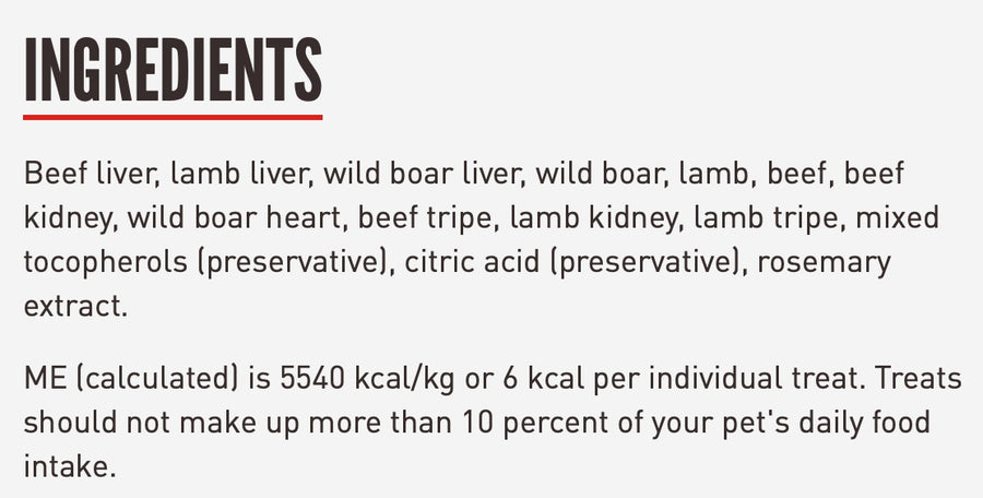 Ingredients for ORIJEN Freeze Dried Regional Red Dog Treats.