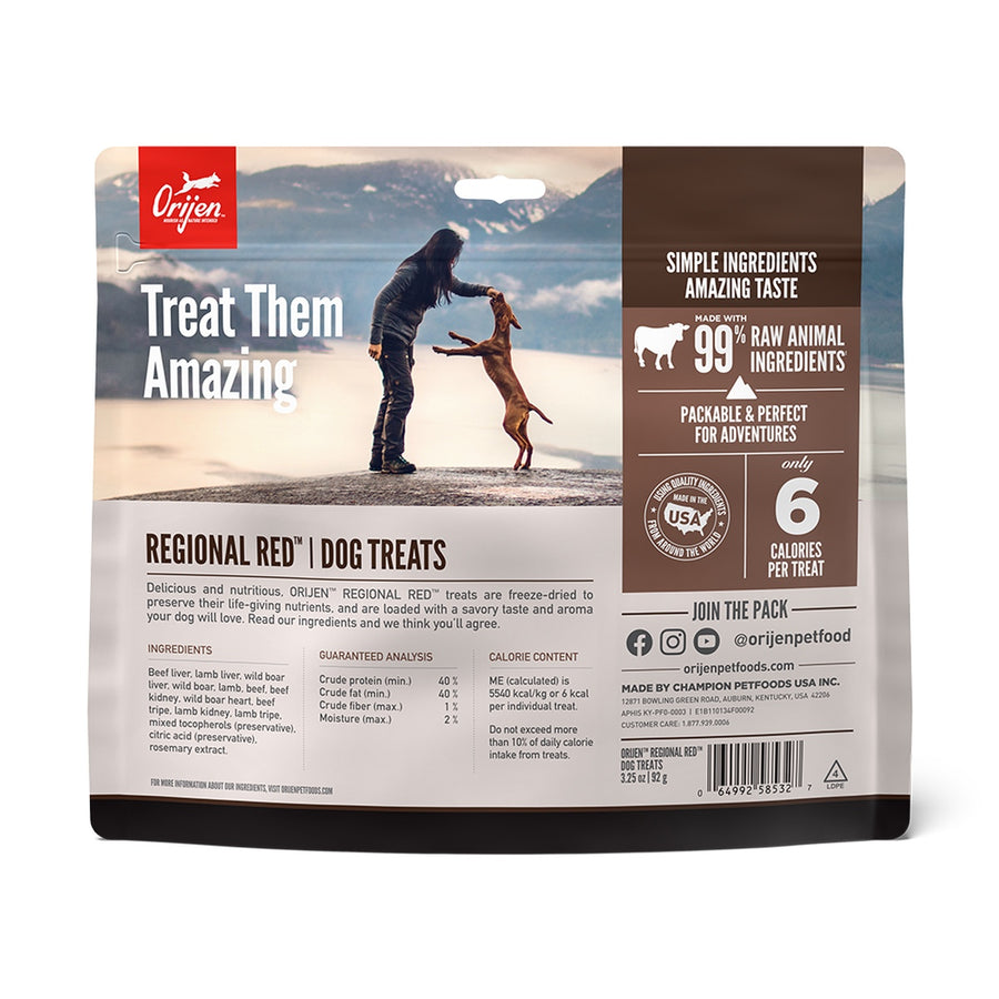 ORIJEN Freeze Dried Regional Red Dog Treats back of bag.