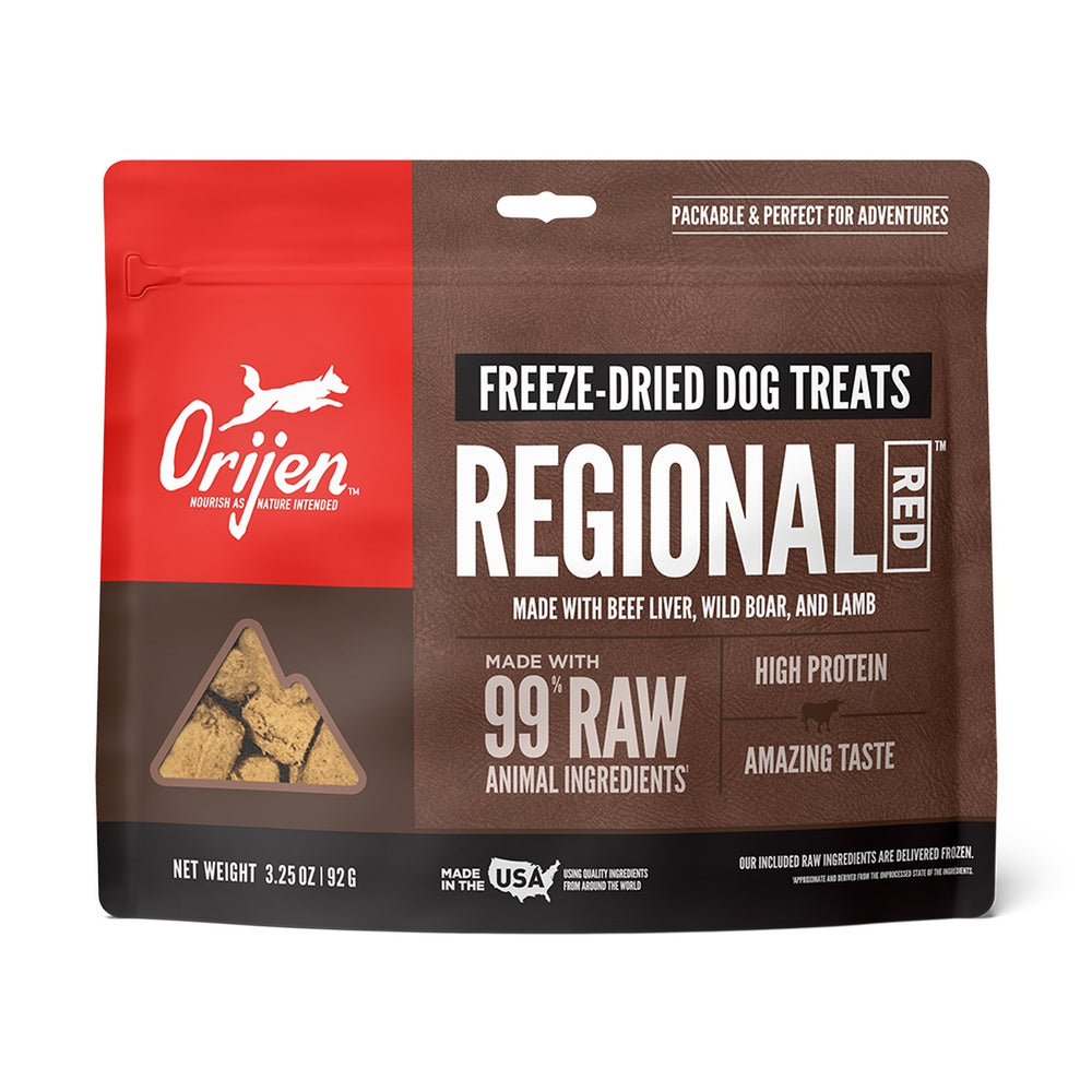 ORIJEN Freeze Dried Regional Red Dog Treats front of bag.