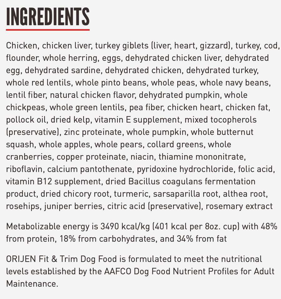 Ingredients for ORIJEN Grain Free Fit & Trim Dry Dog Food.