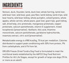 Ingredients for ORIJEN Grain Free Tundra Adult Freeze Dried Dog Food.