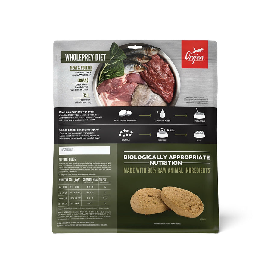 ORIJEN Grain Free Tundra Adult Freeze Dried Dog Food back of bag.