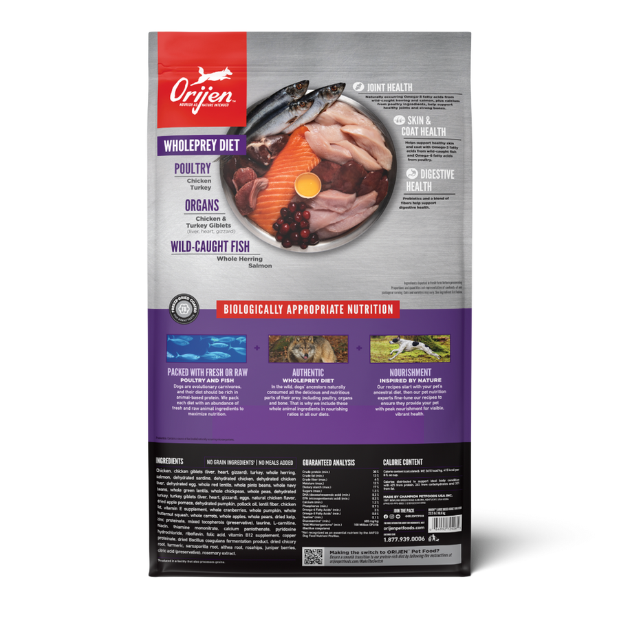 ORIJEN Large Breed Adult Dry Dog Food back of bag.