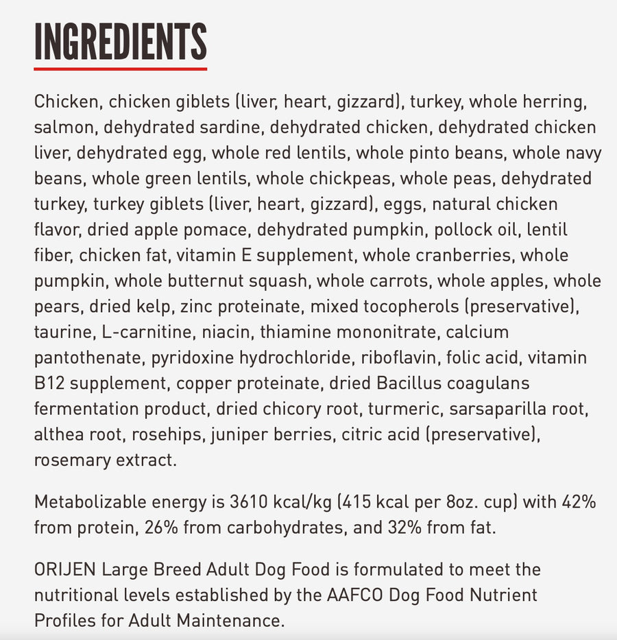 Ingredients for ORIJEN Large Breed Adult Dry Dog Food.
