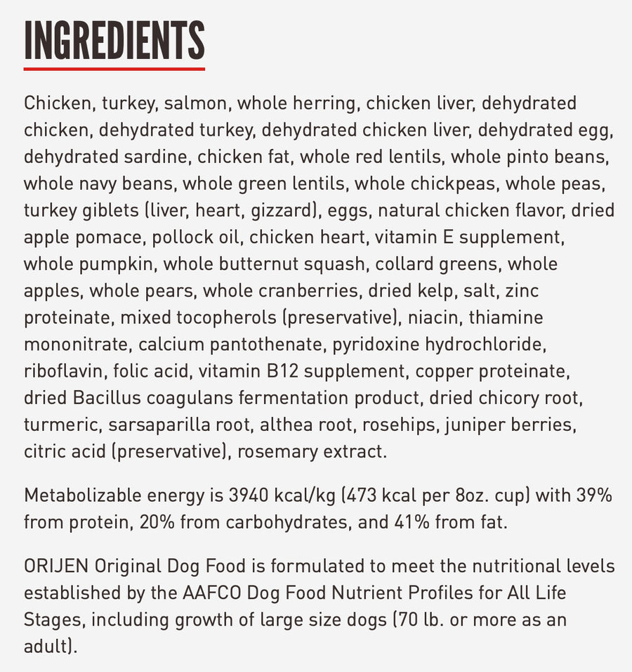 Ingredients for ORIJEN Original Dry Dog Food.
