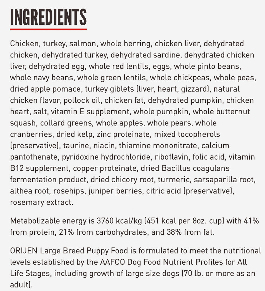 Ingredients for ORIJEN Puppy Large Breed Dry Dog Food.