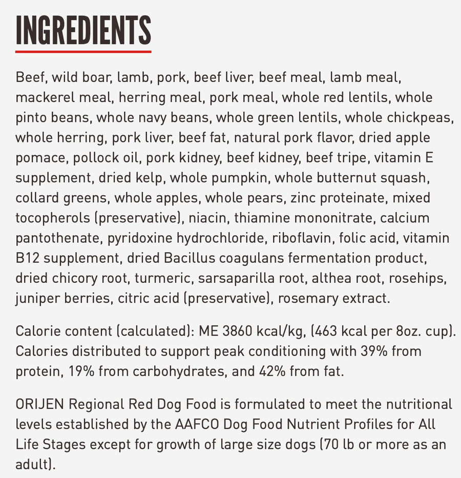 Ingredients for ORIJEN Regional Red Dry Dog Food.