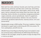 Ingredients for ORIJEN Regional Red Freeze Dried Dog Food.