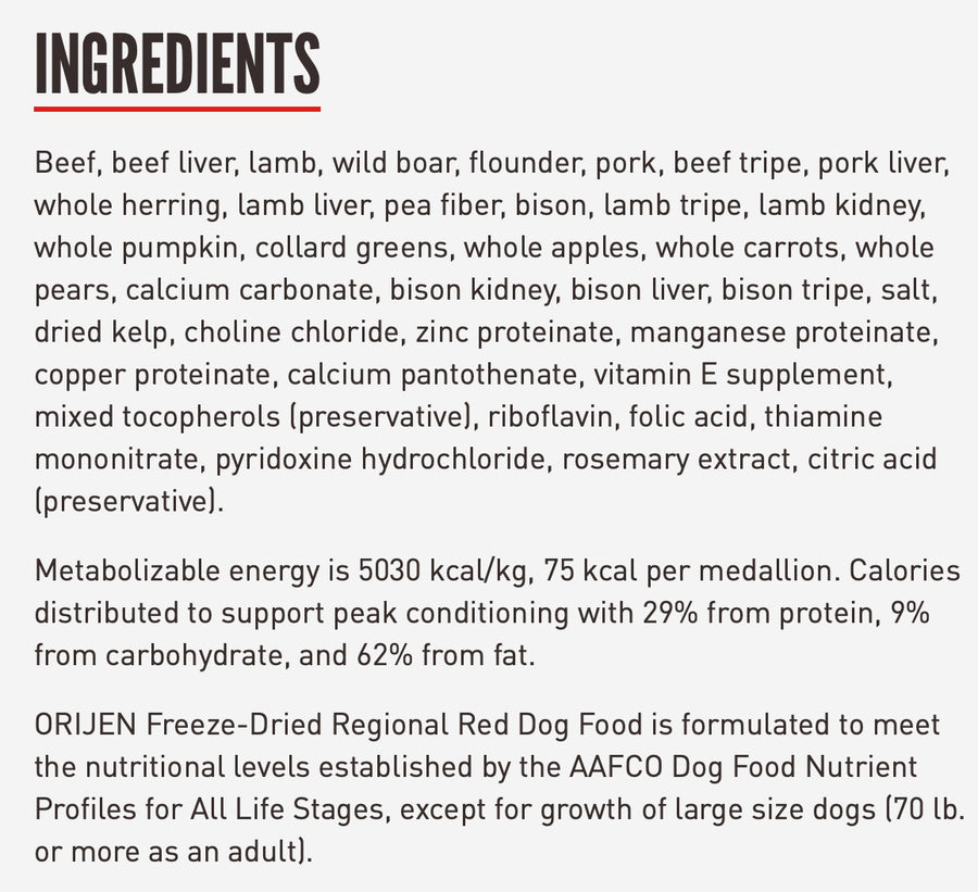 Ingredients for ORIJEN Regional Red Freeze Dried Dog Food.