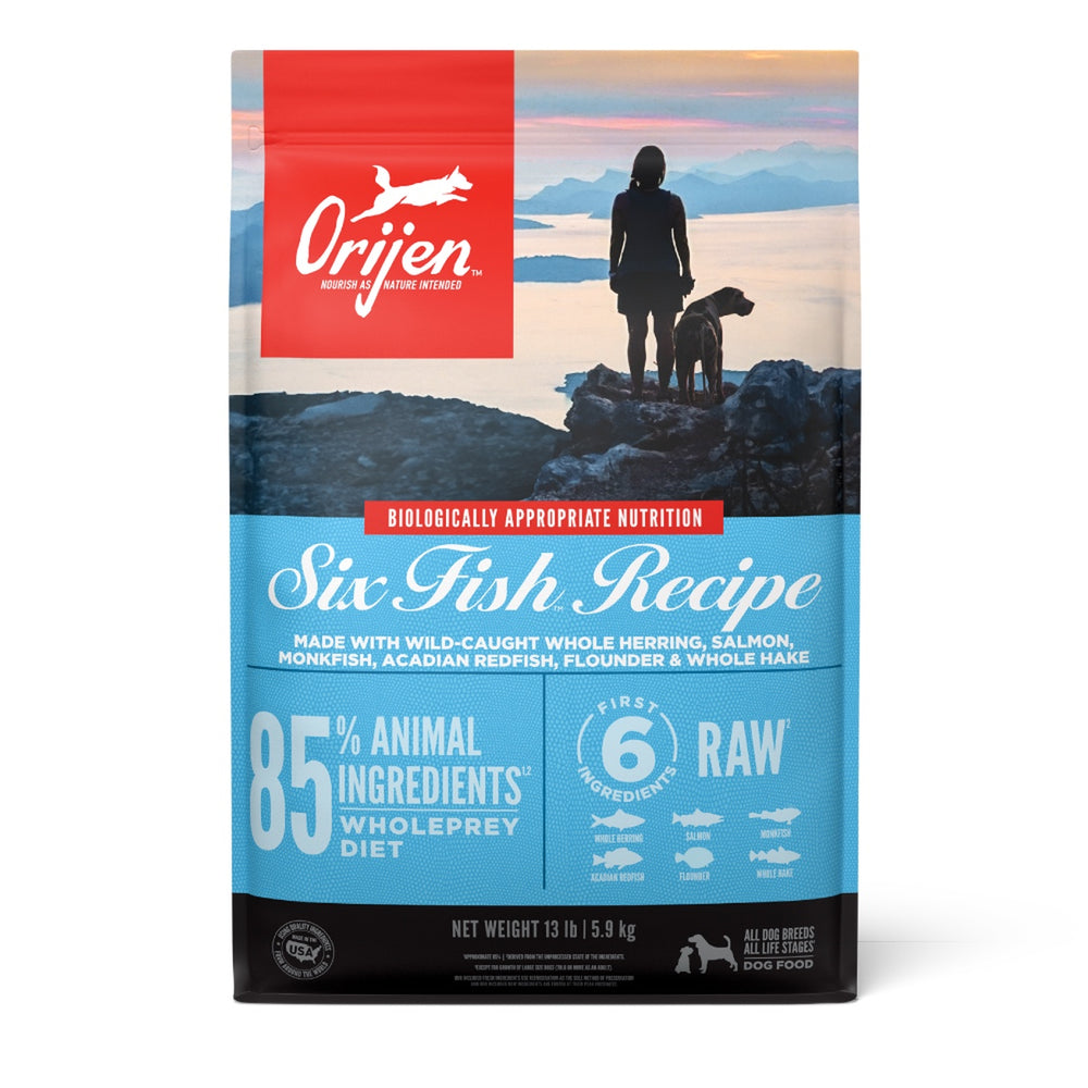 ORIJEN Six Fish Dry Dog Food front of bag.
